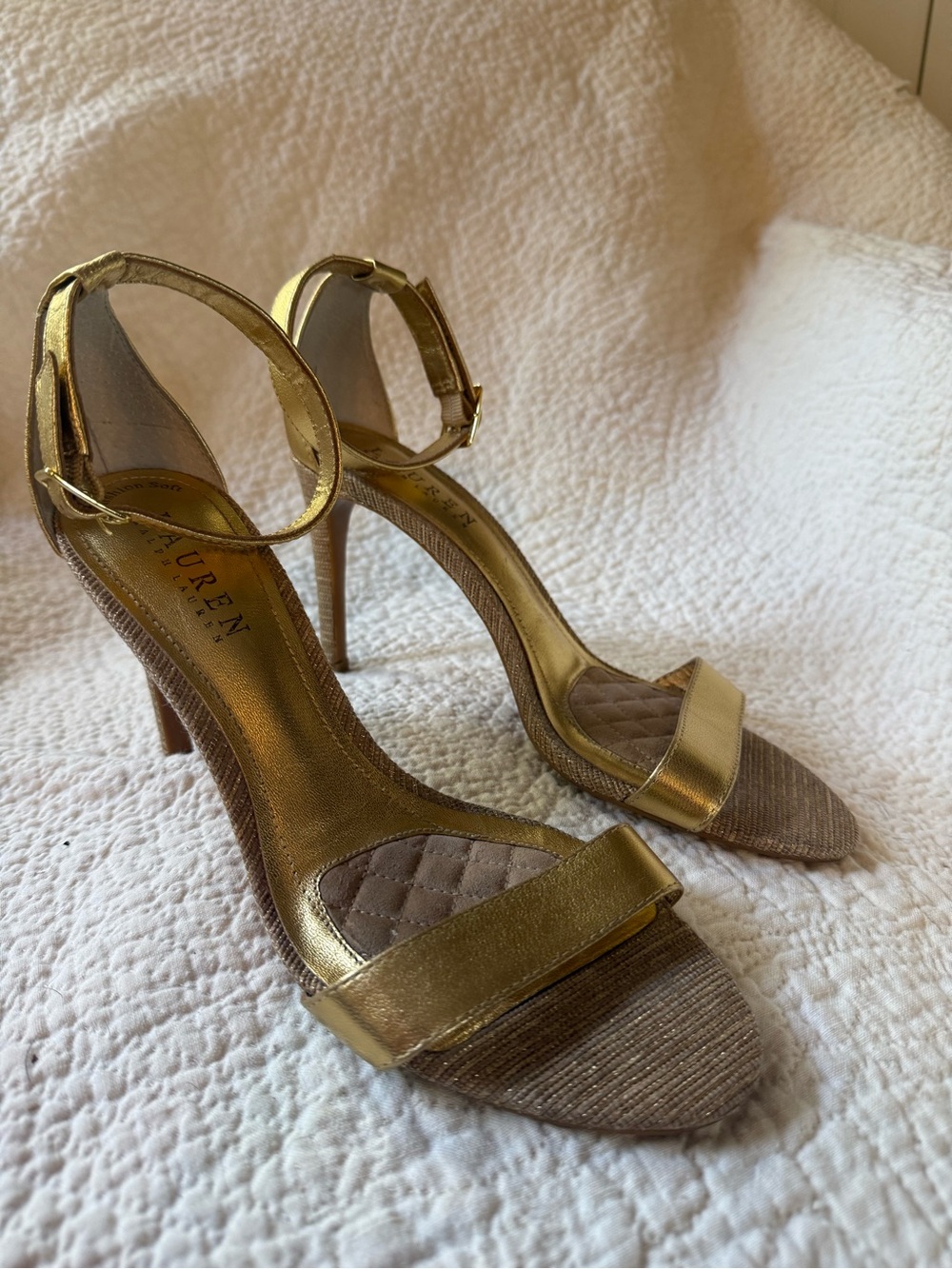 Lauren Ralph Lauren Gold Metallic Ankle Strap Stiletto Sandals Size 7B